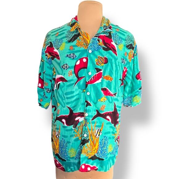 Vintage 90s Orca Print Rayon Hawaiian Printed Shirt Teal Ocean Fish Coral Medium - Picture 2 of 10